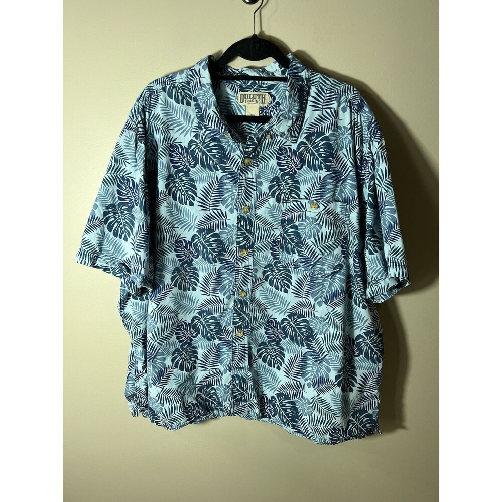 Duluth Trading Co Full Button Blue Tropical Palms Standard Fit Shirt Size 3XL